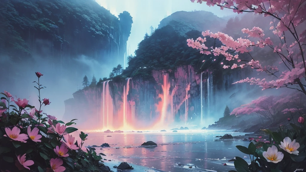 32k, Masterpiece, Highest quality, One girl, Detailed eyes, flower,Alstroemeria, Pink and light blue style,A dreamy, romantic piece,Pale yellow, Mysterious Leaves,A playful arrangement,Fantasy,High Contrast,Ink strokes,explosion,Exposure, Impression of pink and light blue tones,Abstract,((Watercolours by John Berkey and Jeremy Mann )) Brush strokes,Negative Space, Tyndall effect,