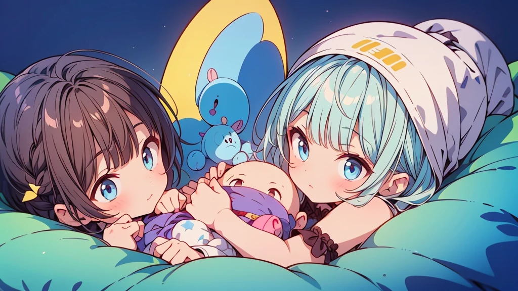 1baby,1Mother,Highest quality、Masterpiece、Official Art、The best dynamic composition、Newborn boy、Hair light blue