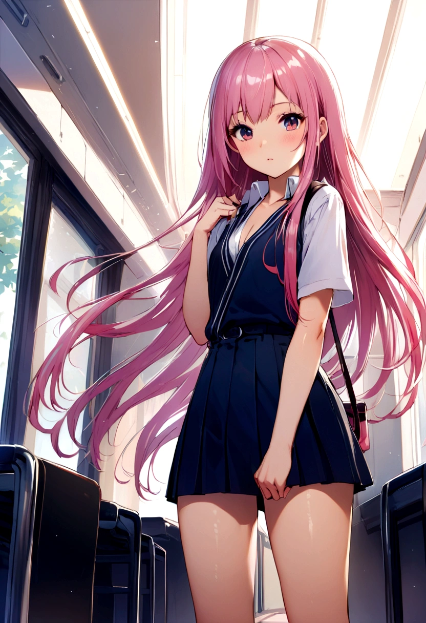 Japanese, pink hair, long hair, beautifull hair, straight hair, beautifull, sexy, student clothing, 16 years old