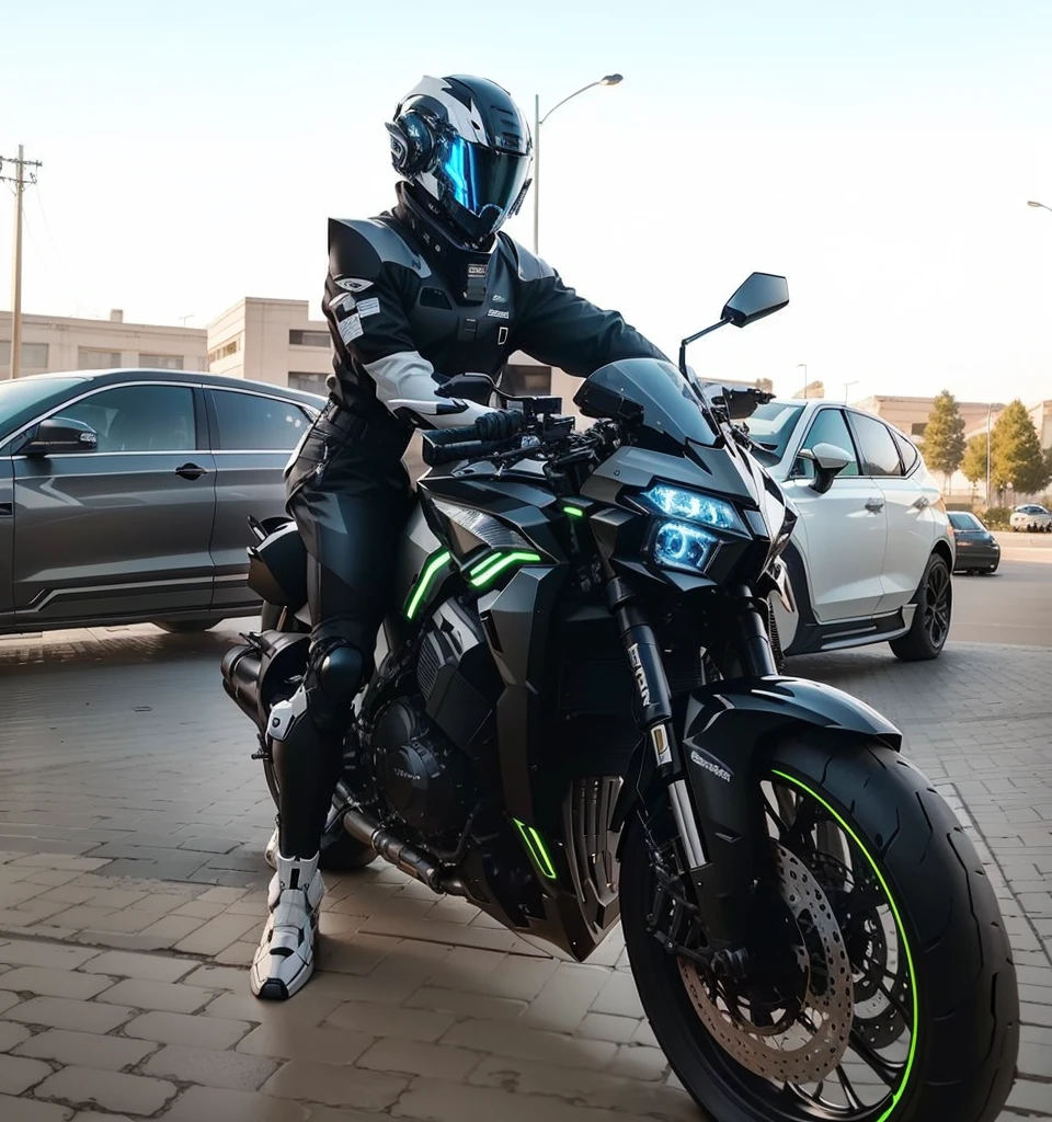 Handsome full body black mecha White short hair cyber handsome warrior, Black cybernetic motorcycle, High-tech black full face helmet, White short hair, Noel, biology, MSHN Staff, High-tech helmet, Surrealism, steel, Complex design, Crazy details, Fine details, The lines are very clear, Light, Photorealism, A meticulous masterpiece