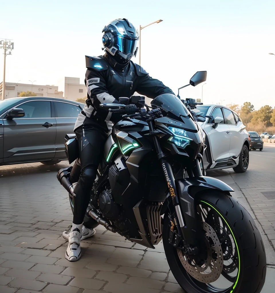 Handsome full body black mecha White short hair cyber handsome warrior, Black cybernetic motorcycle, High-tech black full face helmet, White short hair, Noel, biology, MSHN Staff, High-tech helmet, Surrealism, steel, Complex design, Crazy details, Fine details, The lines are very clear, Light, Photorealism, A meticulous masterpiece