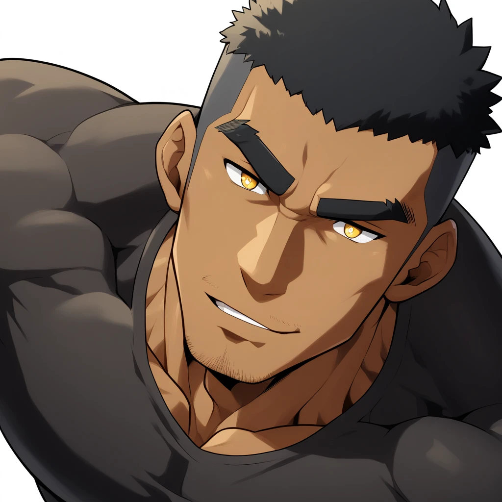 ?????, ?????, ?????, anime characters：Gyee, Muscle Sports Student, ????? black skin, 1 muscular tough guy, Manliness, male focus, Dark grey and Yellow long sleeve tights, Very tight, The pectoral muscles are oversized, Slightly transparent, muscular male, muscular, only, Upper body, alone, Black short hair, Thick eyebrows, stubble, Yellow eyes, White background, simple background, amazing quality, best aesthetics, Ridiculous, bright pupils, crew cut, parted lips, seductive smile, torogao, naughty face, best quality