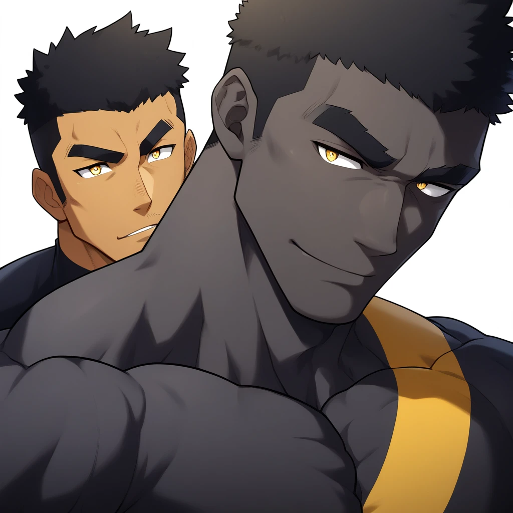 negro, negro, negro, anime characters：Gyee, Muscle Sports Student, negro black skin, 1 muscular tough guy, Manliness, male focus, Dark grey and Yellow long sleeve tights, Very tight, The pectoral muscles are oversized, Slightly transparent, muscular male, muscular, only, Upper body, alone, Black short hair, Thick eyebrows, stubble, Yellow eyes, White background, simple background, amazing quality, best aesthetics, Ridiculous, bright pupils, crew cut, parted lips, seductive smile, torogao, naughty face, best quality