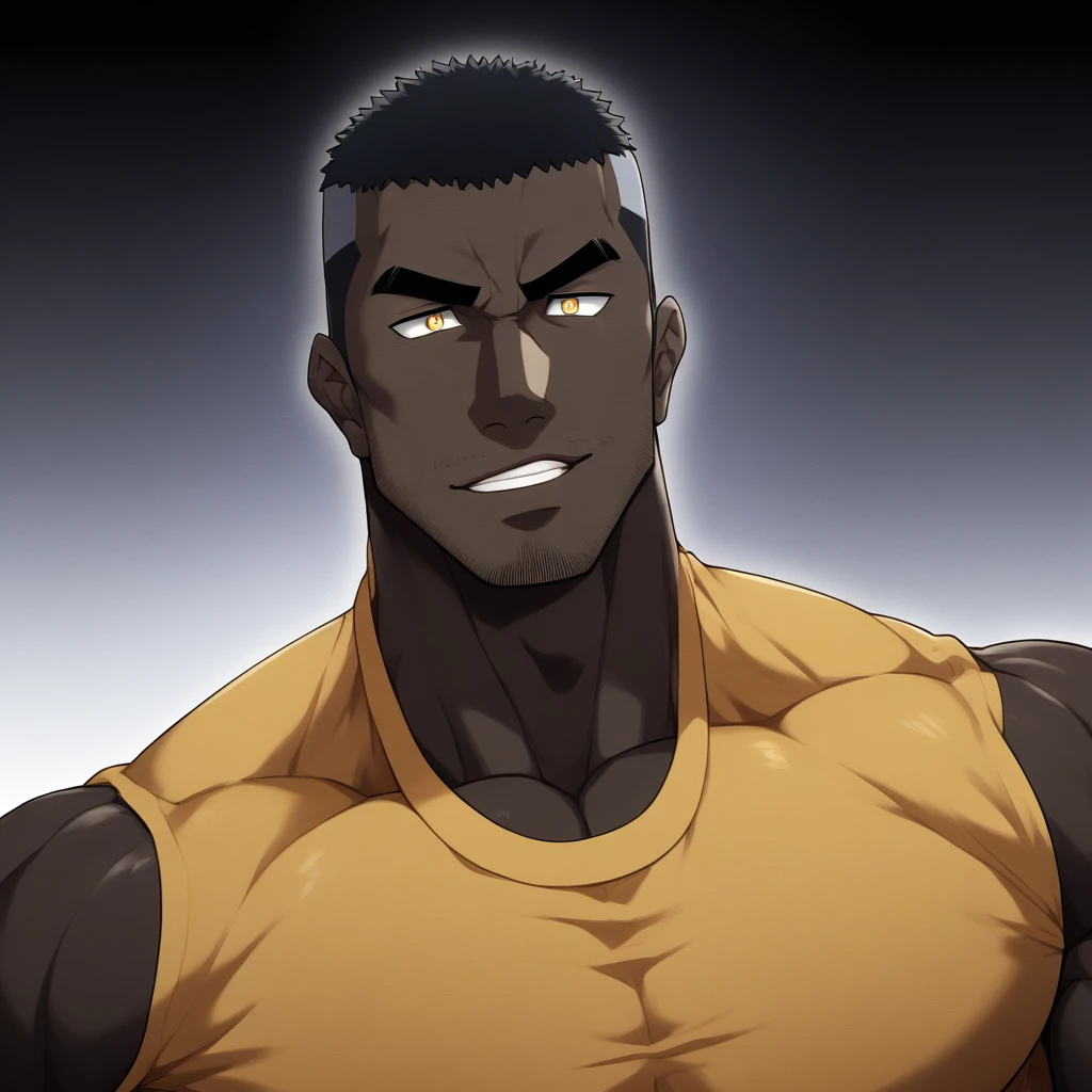 negro, negro, negro, anime characters:Gyee, Muscle Sports Student, negro black skin, 1 muscular tough guy, Manliness, male focus, Dark grey and Yellow long sleeve tights, Very tight, The pectoral muscles are oversized, Slightly transparent, muscular male, muscular, only, Upper body, alone, Black short hair, Thick eyebrows, stubble, Yellow eyes, White background, simple background, amazing quality, best aesthetics, Ridiculous, bright pupils, crew cut, parted lips, seductive smile, torogao, naughty face, best quality
