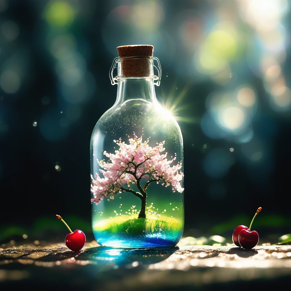 Cherry tree in a bottle, Fluffy, Practical, Atmospheric light refraction, photography:Lee Jeffries, Nikon D850, Film Stock Photo 4 Kodak Portra 400 Camera F1.6 guns, Colorful, ultra Practical Practical textures, Dramatic Lighting, Unreal Engine Trends 800 on artstation cinestill, Style - Glass