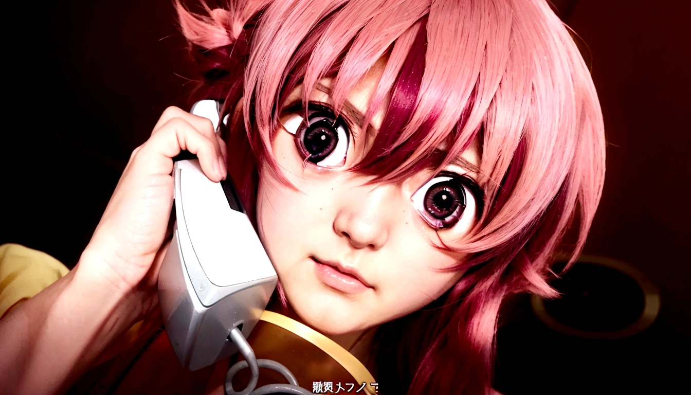 Anime girl with pink hair and hiperrealistic pink eyes talking on cell phone., Mirai Nikki, Chica anime realista llamada Gasai Yuno, realistic nose hiperrealistic pink eyes, Gasai Yuno, closeup of another iwakura, Gasai Yuno, Gasai Yuno, she has a nice expressive face, Gasai Yuno, screenshot from a 2012 anime, in the anime movie, scene!!, Shocking