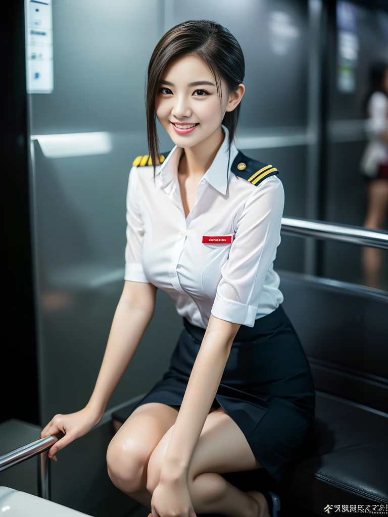 (a gorgeous lady, age 21, Flight Attendant uniform, Shenzhen Airlines Stewardess, wet white shirt, wet red mini-skirt, kneeling in a bathroom, dimpled smile, short ponytail hair, short bob hair, cute snaggle-tooth, well-endowed round bosom, long flawless legs, photorealistic, beautiful detailed eyes, beautiful detailed face, hyper-realism, high contrast, ultra HD, realistic skin textures, top image quality, top-quality, super high resolution, fine details, very meticulously, close-up shot, head to thigh, masterpiece, romantic night, dark bokeh background)