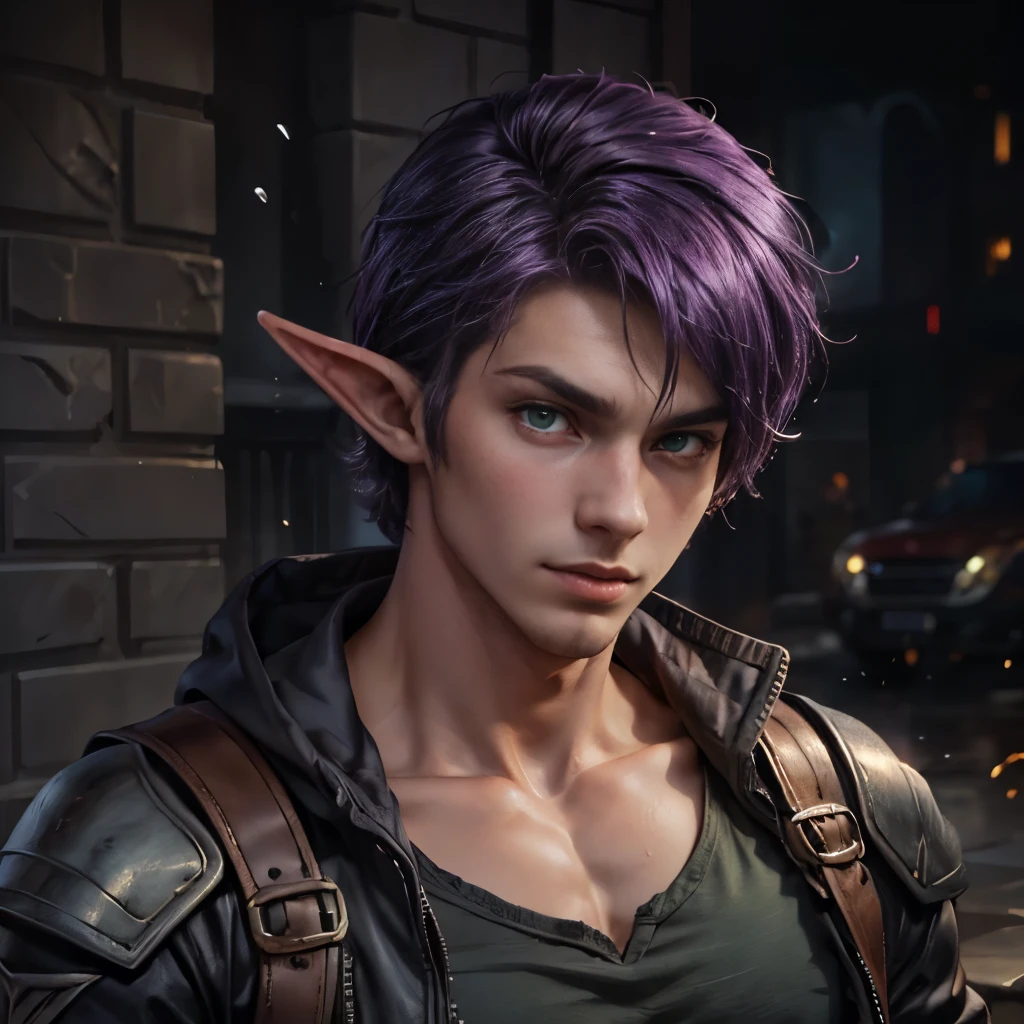 (masterpiece), best quality, high quality, (1male), adult male elf, pointy ears, handsome, (purple hair), medium-short hair, green eyes, casual clothes, looking at viewer, upper body, splash art, rpg, intrincate,