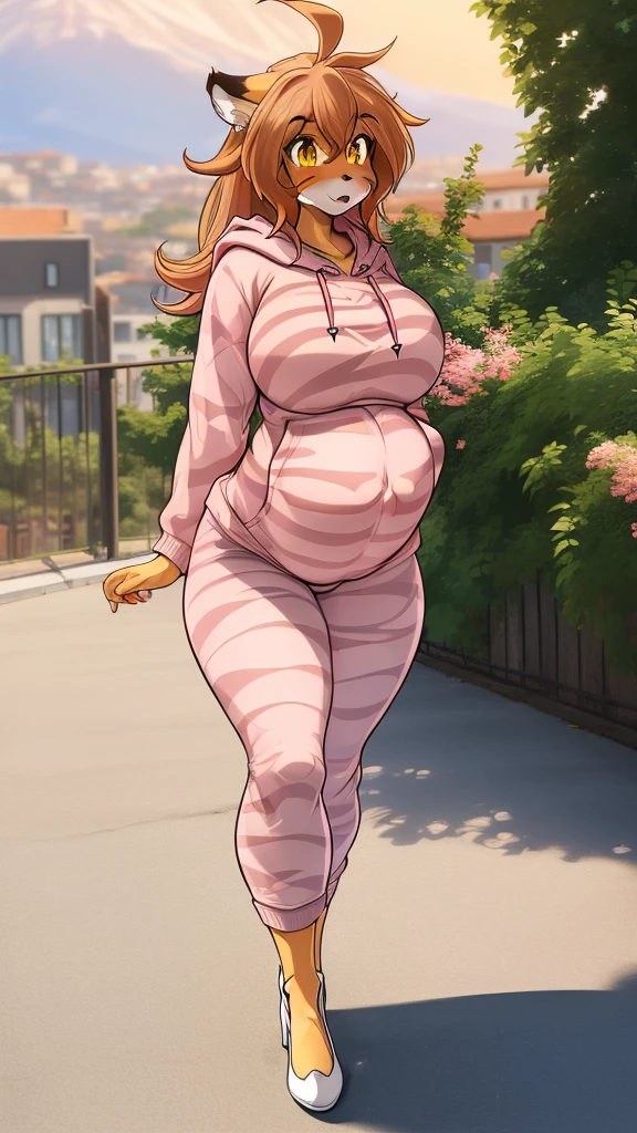 (masterpiece:1.4), (best quality:1.4), solo, city background,(Pink Hoodie:1.5), (Pants:1.5),Furry, Flora, giant thicc breasts,Tiger girl, Striped fur, big detailed yellow eyes, brown orange hair, personal ami, highly detailed face, beautiful face, highres, extremely detailed 8K wallpaper, extremely detailed character, posing,(cute:1.5), giant thicc thighs, giant thicc ass, 3 months pregnant