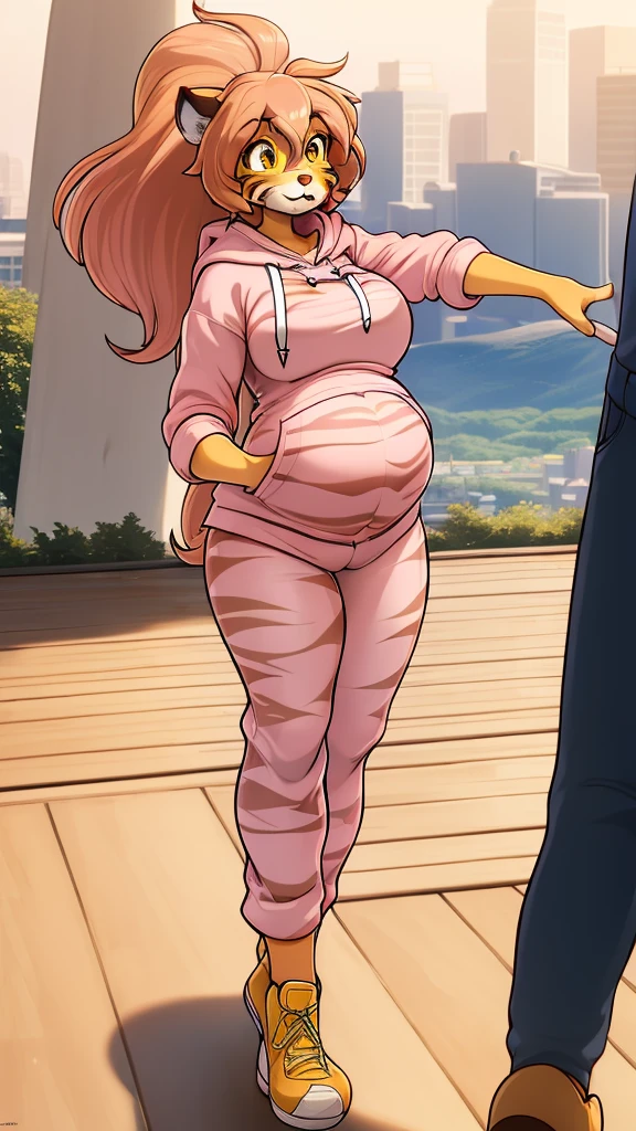 (masterpiece:1.4), (best quality:1.4), solo, city background,(Pink Hoodie:1.5), (Pants:1.5),Furry, Flora, giant thicc breasts,Tiger girl, Striped fur, big detailed yellow eyes, brown orange hair, personal ami, highly detailed face, beautiful face, highres, extremely detailed 8K wallpaper, extremely detailed character, posing,(cute:1.5), giant thicc thighs, giant thicc ass, 3 months pregnant 