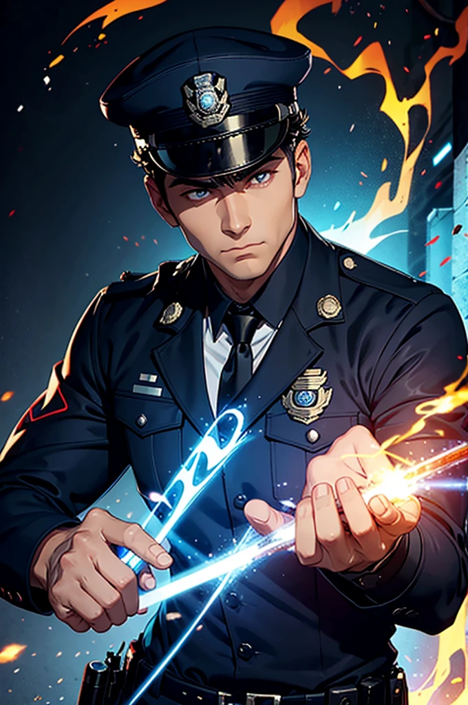 police man with a magic aura around him and fire in his hand and eye
