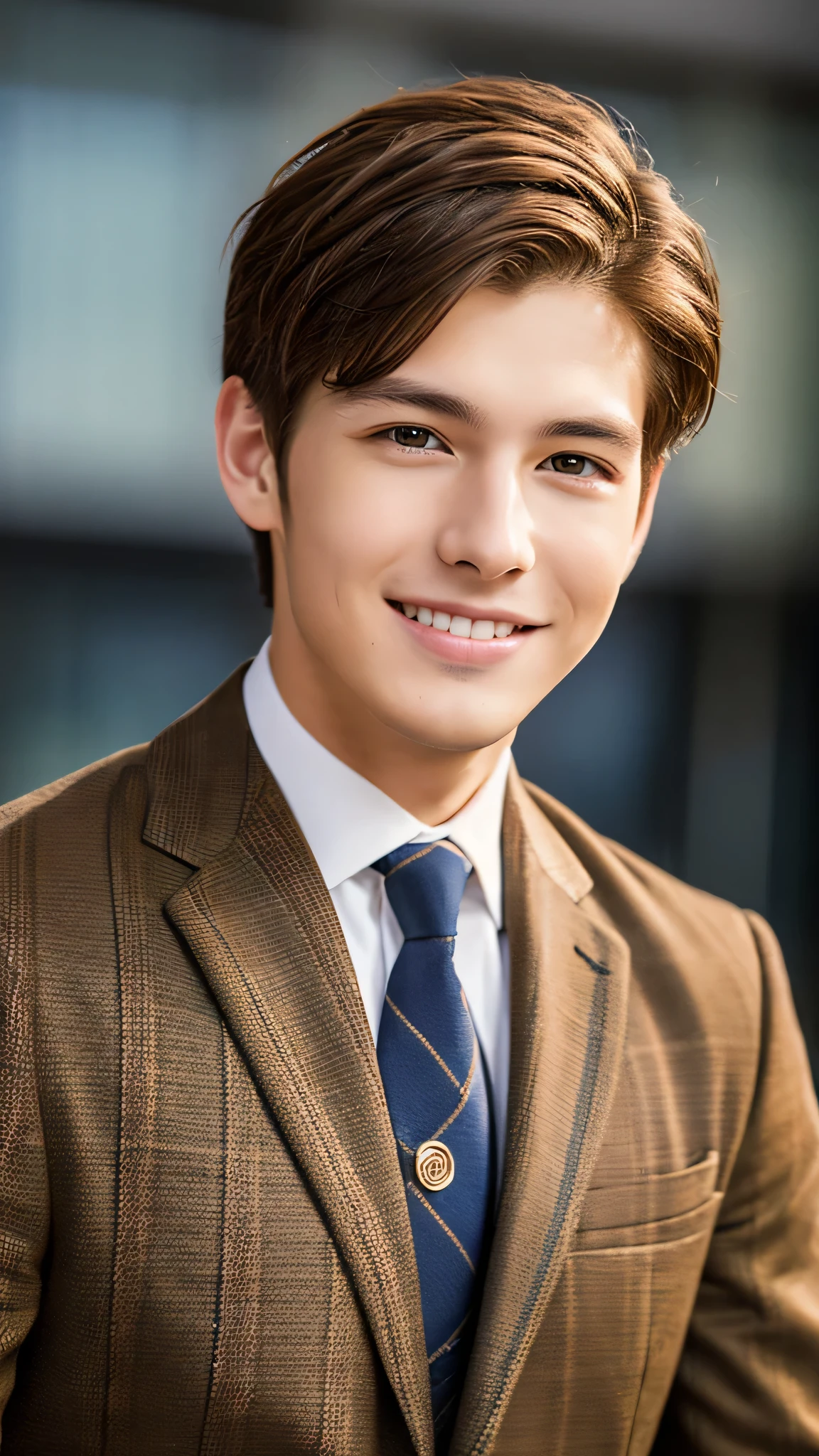 Highest quality, masterpiece, Ultra-high resolution, (Realistic:1.4), RAW Photos, Handsome young man in a suit, Brown Hair, Modern Office, smile,