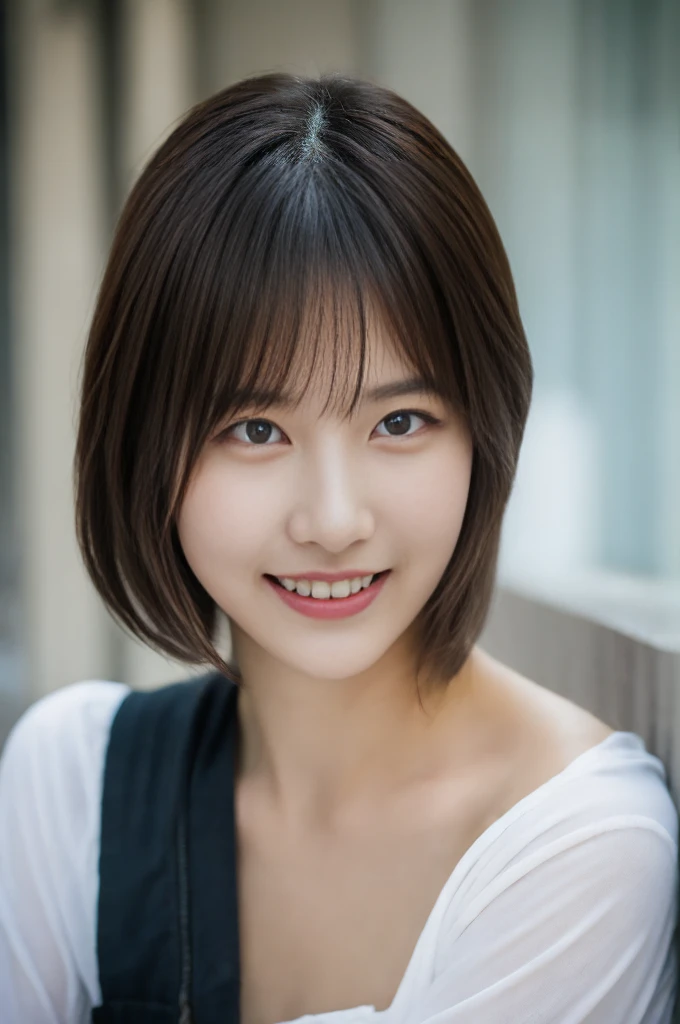 「1 beautiful woman、Pio Apple Photos、Brown hair、top-quality、White shirt、(Face Details:1.4)、(point of view:1.4)、glowy skin、A smile、Street background、(A half body:1) Shorthair