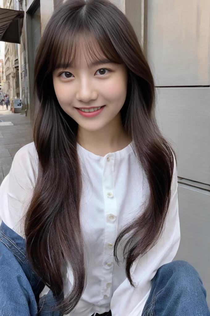 「1 beautiful woman、Pio Apple Photos、Brown hair、top-quality、White shirt、(Face Details:1.4)、(point of view:1.4)、glowy skin、A smile、Street background、(A half body:1) Shorthair