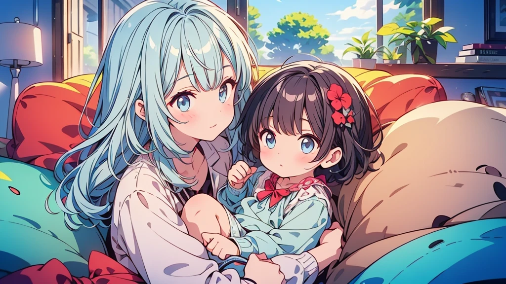 best quality, masterpiece,
, short hair, putih hair, putih eyes, tachibana hibiki , energetic girl, young girl, (petite girl),
hospital bed, (hospital_gown), happy, hugging, holding infant, oyako, mother and daughter, family, half-closed eyes, lactation, , open mouth,