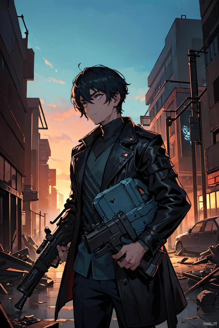 (((Submersion))), (((ruins))), ((((boy carrying a rifle)))), (blue sky), crossed arms, Super high quality, 8K,Attractive man,Glitch Wave Style,Lolafont,Standing in an apocalyptic wilderness, Gunman, Bounty Hunter, Detailed face and jawline, Strong Eyes, Rugged appearance, Wearing a worn trench coat, Surrounded by crumbling buildings and ruins, Dramatic lighting casts shadows on his face, A sense of mystery and danger in the air, Added cyberpunk elements, Vibrant, saturated colors that enhance the futuristic feel, High-resolution detail capturing every wrinkle and texture of the man's clothing and environment, Create visually striking masterpieces.