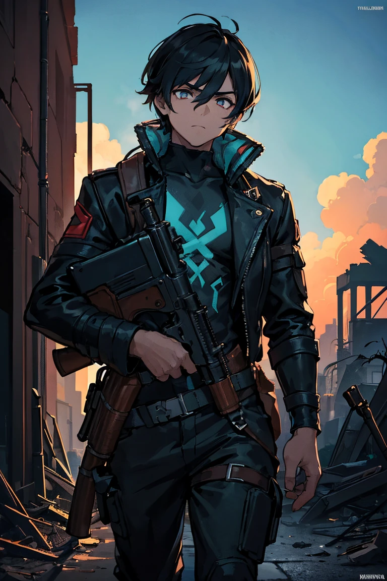 (((Submersion))), (((ruins))), ((((boy carrying a rifle)))), (blue sky), crossed arms, Super high quality, 8K,Attractive man,Glitch Wave Style,Lolafont,Standing in an apocalyptic wilderness, Gunman, Bounty Hunter, Detailed face and jawline, Strong Eyes, Rugged appearance, Wearing a worn trench coat, Surrounded by crumbling buildings and ruins, Dramatic lighting casts shadows on his face, A sense of mystery and danger in the air, Added cyberpunk elements, Vibrant, saturated colors that enhance the futuristic feel, High-resolution detail capturing every wrinkle and texture of the man&#39;s clothing and environment, Create visually striking masterpieces.