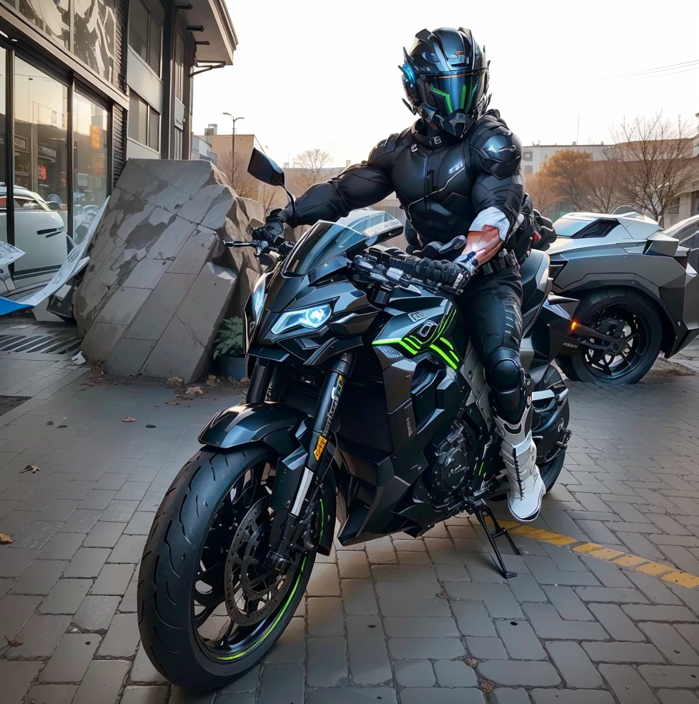 Muscular，Handsome full body black mecha White short hair cyber handsome warrior, Black cybernetic motorcycle, High-tech black full face helmet, White short hair, Noel, biology, MSHN Staff, High-tech helmet, Surrealism, steel, Complex design, Crazy details, Fine details, The lines are very clear, Light, Photorealism, A meticulous masterpiece