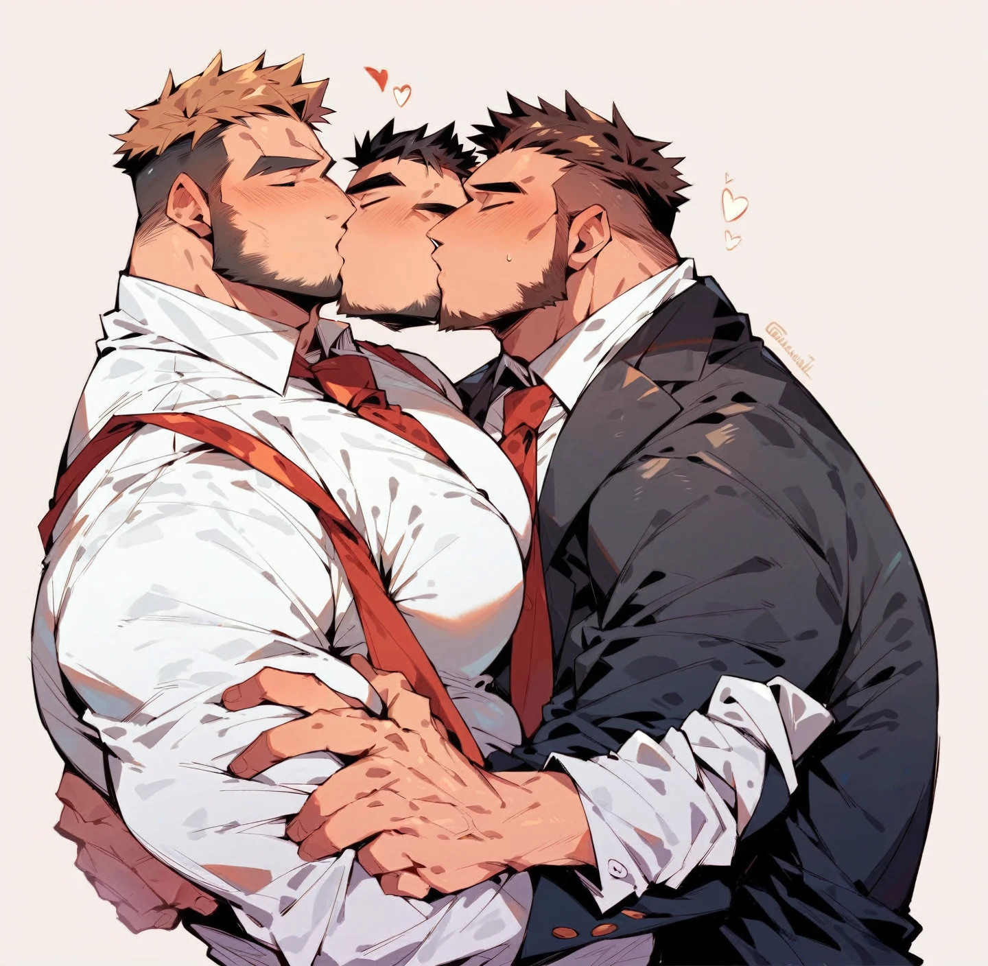 A handsome muscular shirtless naked man , is cuddling and kissing ,a handsome muscular brown haired bearded man wearing a black suit with a white shirt and red necktie, bedroom background 