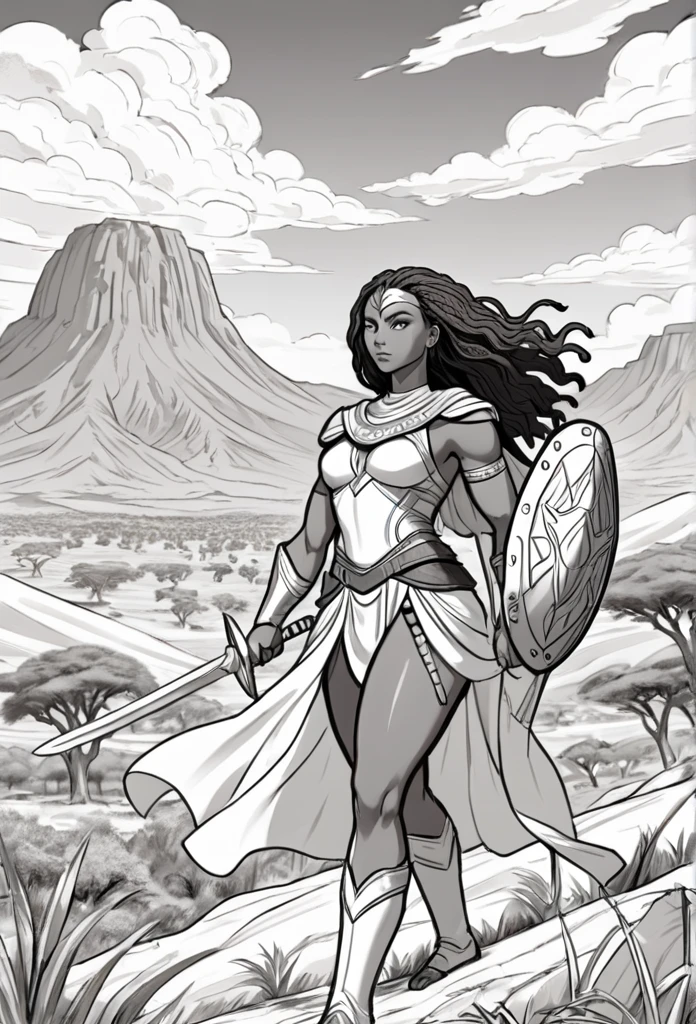 A line art black and white outline of a christian nubian warrior, resembling Wonder Women long flowing hair, different nationalities, easy to color design, up close, combat ready, sword and shield in hand, Background realistic and minimalistic African Serengeti landscape, simple trees and mountains, clear sky with clouds, animals in the Serengeti in the background, for a coloring page, warrior strength and connection to the land with different poses, very realistic, wakanda