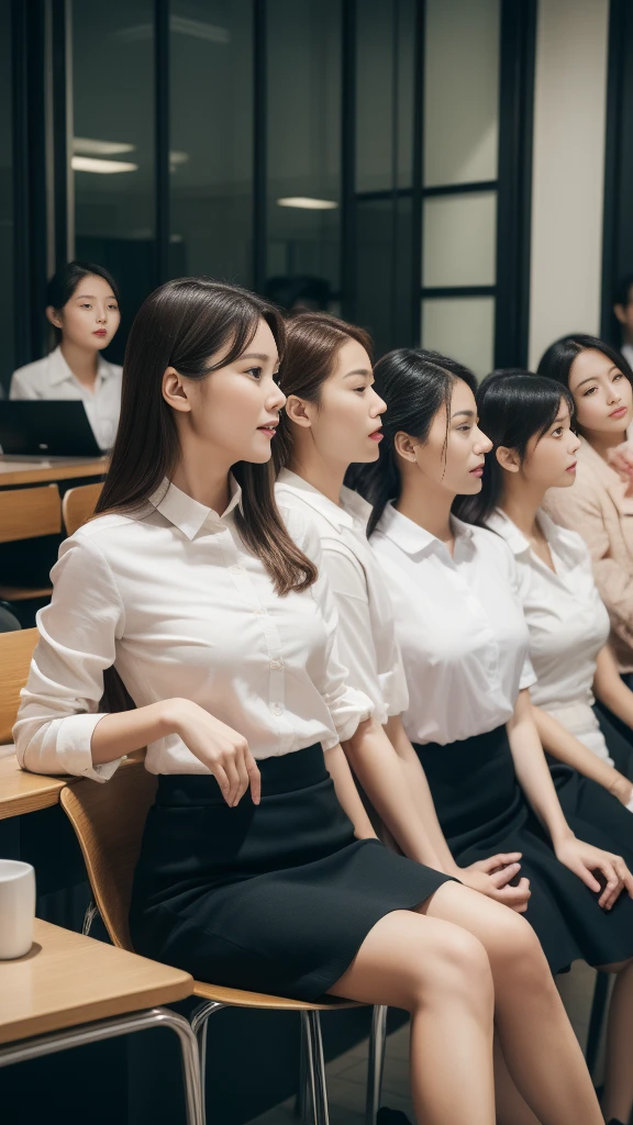 ((Highest quality, 8K, Representative works in detail, Ultra-high resolution)), (Group photo of women), (Looking at the audience), (Mid Shot:), Five attractive businesswomen、women only: 5, A little chubby:0.25, White collared shirt, Grey Skirt, mini skirt、Inside a high-rise office,wide、Sit down and eat、company cafeteria、I&#39;Having lunch、Happy expression、Daily set meal、Ramen、Udon、Omelette rice、sandwich、curry、Pork cutlet on rice、向かい合わせにSit down and eat、