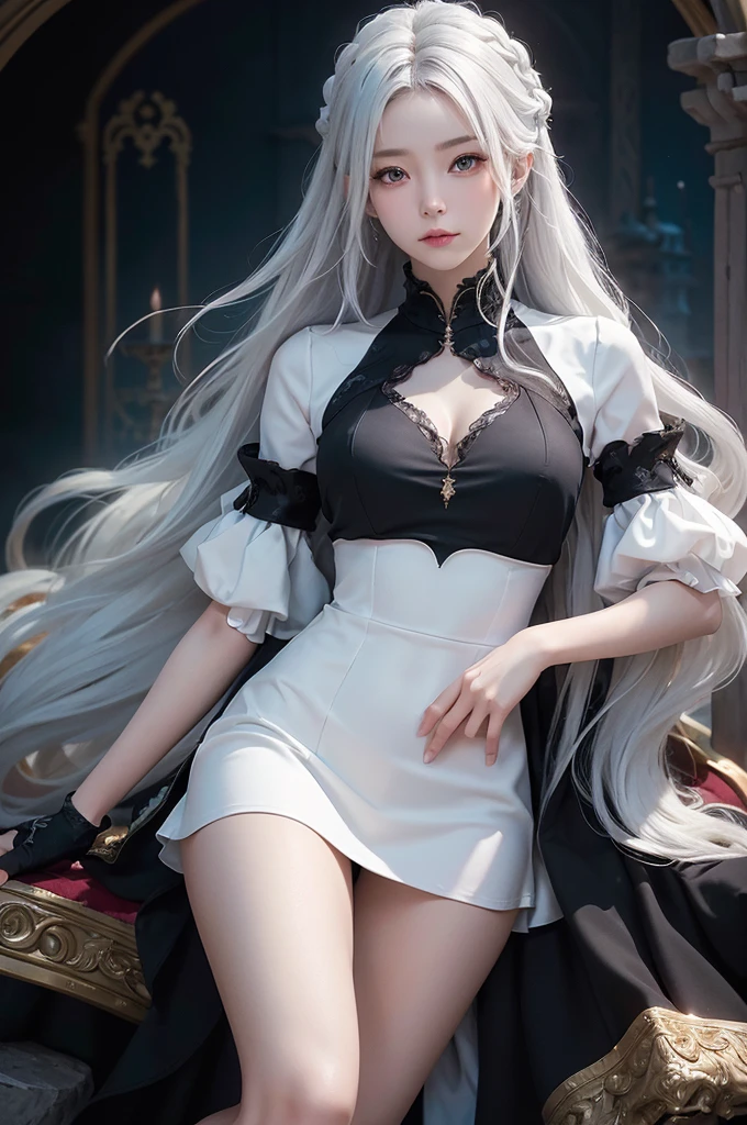 ((masterpiece:1.5,Highest quality,Highly detailed images,Beautiful images、Realistic、Photorealistic、2.5D))(1girl, 独奏)(medium breasts, white hair, black eyes, Healthy legs、Tight ass、Beautiful cleavage)(Fantasy dresses、Fantasy Clothes、Black battle dress、Deep slit)(wind, floating hair)(Inside the castle、Audience Chamber)