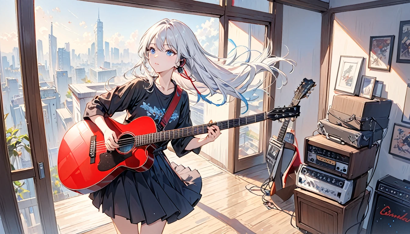 ((masterpiece、Highest quality)) One girl、alone、Black Skirt、Silver-white hair、blue eyes、エレキguitar、guitar、Headphones、lift、Thorn、musical instrument、long hair、music、From one side to the top、Red reflection black hair、playing the guitar、Black Shirt、Inside