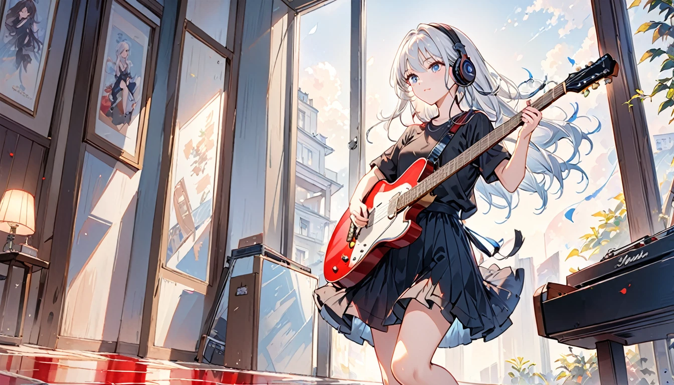 ((masterpiece、Highest quality)) One girl、alone、Black Skirt、Silver-white hair、blue eyes、エレキguitar、guitar、Headphones、lift、Thorn、musical instrument、long hair、music、From one side to the top、Red reflection black hair、playing the guitar、Black Shirt、Inside