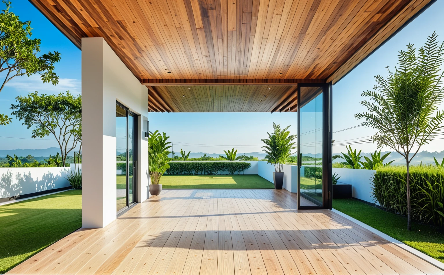 Raw photo, Masterpiece, high quality, best quality, authentic, super detail,
outdoors, house style modern, white wall, glass windows, wooden ceiling, balcony, minimalist line
grass, trees, blue sky, (Early morning day), vivid color,
