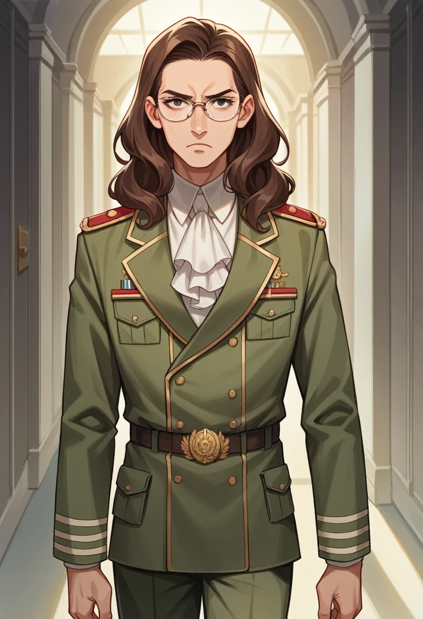 woman with military rank, young, 24 years old, high authority, wears a cream military uniform and a brown open jacket and the rank of 1st sergeant, wears glasses, her face is beautiful, her expression is serious, walking in the hallway alone, brown hair flowing long to chest and bony, eyes light blue.