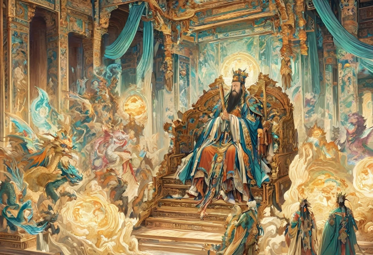 Jade Emperor seated on a magnificent golden throne in the heavenly realm. he looks down with kind, knowing eyes. A humble young farmer in simple clothing stands respectfully before the throne, looking up in awe. Surround them with floating lanterns, mythical creatures like dragons and phoenixes, and vibrant celestial flora under a soft, golden light, symbolizing the sacred nature of the encounter.