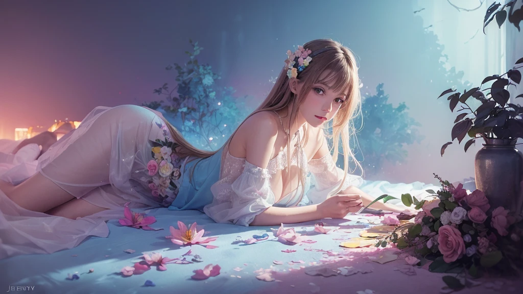 32k, Masterpiece, Highest quality, One girl, Detailed eyes, flower,Alstroemeria, Pink and light blue style,A dreamy, romantic piece,Pale yellow, Mysterious Leaves,A playful arrangement,Fantasy,High Contrast,Ink strokes,explosion,Exposure, Impression of pink and light blue tones,Abstract,((Watercolours by John Berkey and Jeremy Mann )) Brush strokes,Negative Space, Tyndall effect,