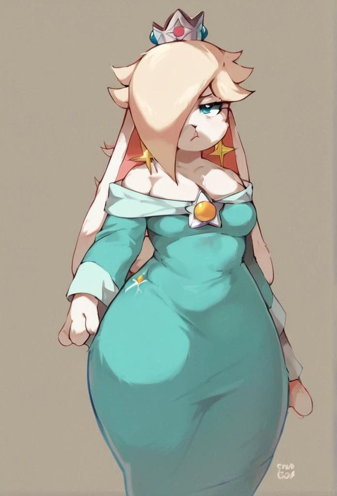 score_9, score_8_up, score_7_up, score_6_up, score_5_up, score_4_up, rating_safe, ((anthro, source_furry,furry,fur,Princess Rosalina, ((Rabbit,)) ((White fur)), ((white body,))solo, blue dress, unamused expression,thick thighs,cel shading,big breasts,))++