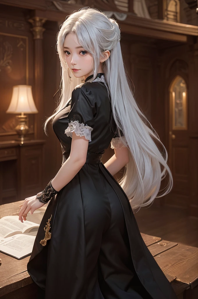 ((masterpiece:1.5,Highest quality,Highly detailed images,Beautiful images、Realistic、Photorealistic、2.5D))(1girl, 独奏)(medium breasts, white hair, black eyes, Healthy legs、Tight ass、Beautiful cleavage)(Fantasy dresses、Fantasy Clothes、Black battle dress、Deep slit)(wind, floating hair)(Inside the castle、Audience Chamber)