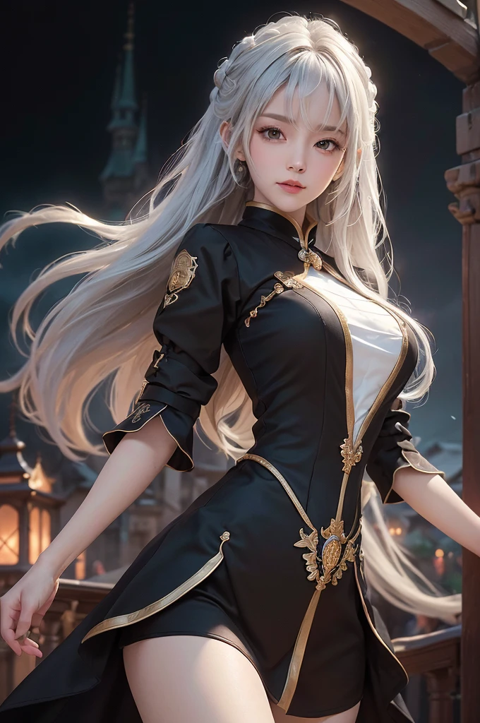 ((masterpiece:1.5,Highest quality,Highly detailed images,Beautiful images、Realistic、Photorealistic、2.5D))(1girl, 独奏)(medium breasts, white hair, black eyes, Healthy legs、Tight ass、Beautiful cleavage)(Fantasy dresses、Fantasy Clothes、Black battle dress、Deep slit)(wind, floating hair)(Inside the castle、Audience Chamber）
