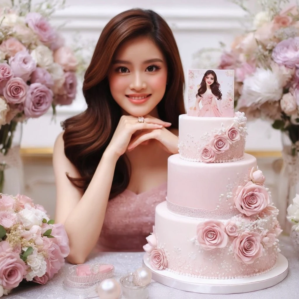 Make a very beautiful and sweet Indonesian woman, ideal body 22 years old, brown hair dressed in a soft pastel pink dress. surrounded by flowers. wearing a soft pink dress, pastel colors, tassels and ribbon ruffles, fantasy dress, wearing a soft pink dress, pastel colors, soft party dress, pastel colors, soft pink romantic tutu, pastel colors, magic dress, soft pink dress, pastel colors , in soft pastel pink or purple long dress, wearing a beautiful dress, soft pastel pink tutu, wearing a soft pastel pink romantic tutu. Both hands are holding a very beautiful and delicious-looking birthday cake with a beautiful and luxurious two-tiered design with a white base color, there is a picture of a beautiful Indonesian woman wearing a matching dress. smile softly and sweetly. The side is decorated with white mauve pink roses and small white pearls. The cake was placed on a table covered with silver cloth, and on the cake was the words "Happy Birthday" "Amel" the writing must be clear and correct