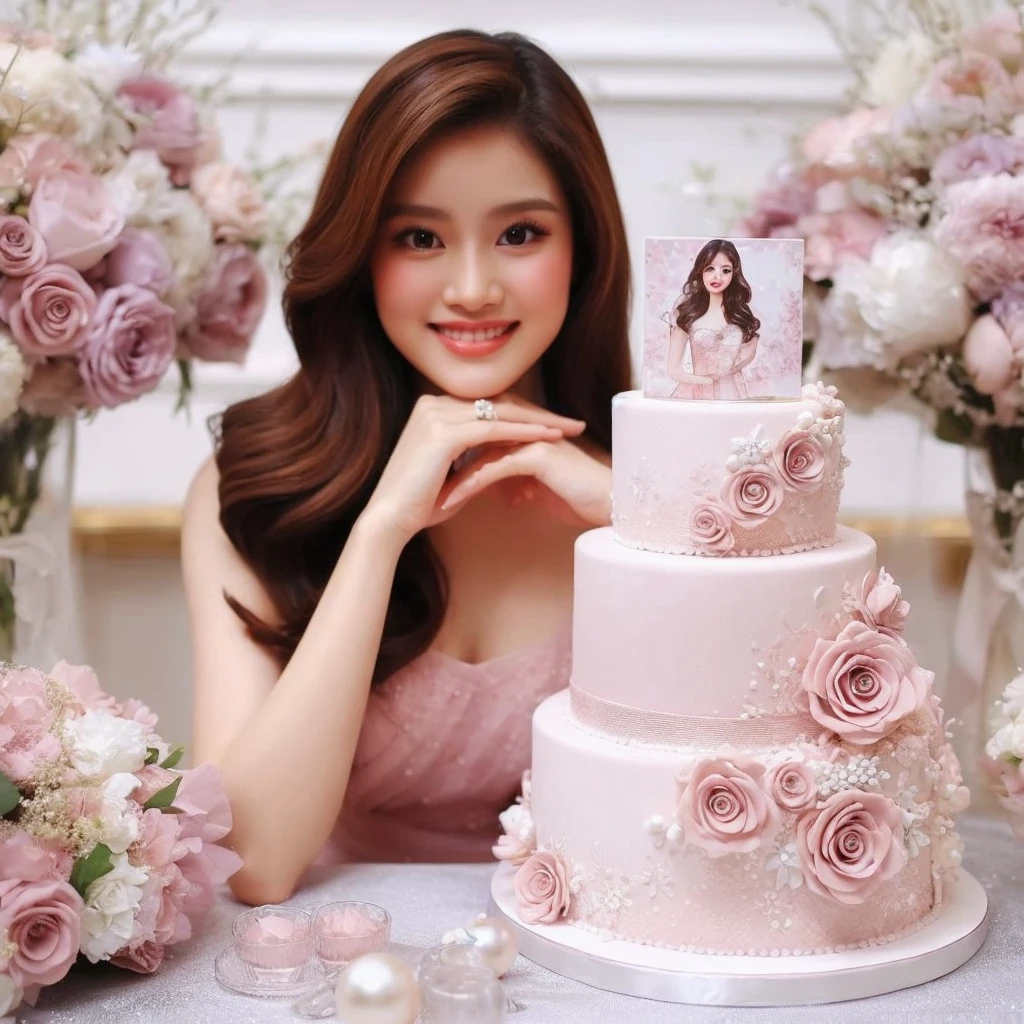 Make a very beautiful and sweet Indonesian woman, ideal body 22 years old, brown hair dressed in a soft pastel pink dress. surrounded by flowers. wearing a soft pink dress, pastel colors, tassels and ribbon ruffles, fantasy dress, wearing a soft pink dress, pastel colors, soft party dress, pastel colors, soft pink romantic tutu, pastel colors, magic dress, soft pink dress, pastel colors , in soft pastel pink or purple long dress, wearing a beautiful dress, soft pastel pink tutu, wearing a soft pastel pink romantic tutu. Both hands are holding a very beautiful and delicious-looking birthday cake with a beautiful and luxurious two-tiered design with a white base color, there is a picture of a beautiful Indonesian woman wearing a matching dress. smile softly and sweetly. The side is decorated with white mauve pink roses and small white pearls. The cake was placed on a table covered with silver cloth, and on the cake was the words "Happy Birthday" "Amel" the writing must be clear and correct