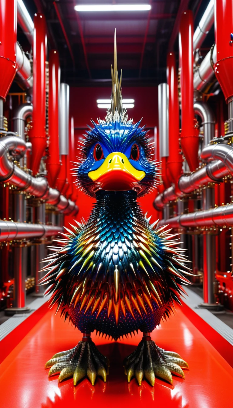 There is no one, Reality Photos, Reality Photos, Realistic photos of duck-like creatures, spikes, multi-colored shiny fur, strange and, Surreal and, the other world, A robotic factory with a shiny assembly plant, intricate details, very sharp, Sophisticated details, Flawless composition, vivid colors, masterpiece, futuristic, metal decoration, shiny red interior, It's empty inside, polished, ray tracing