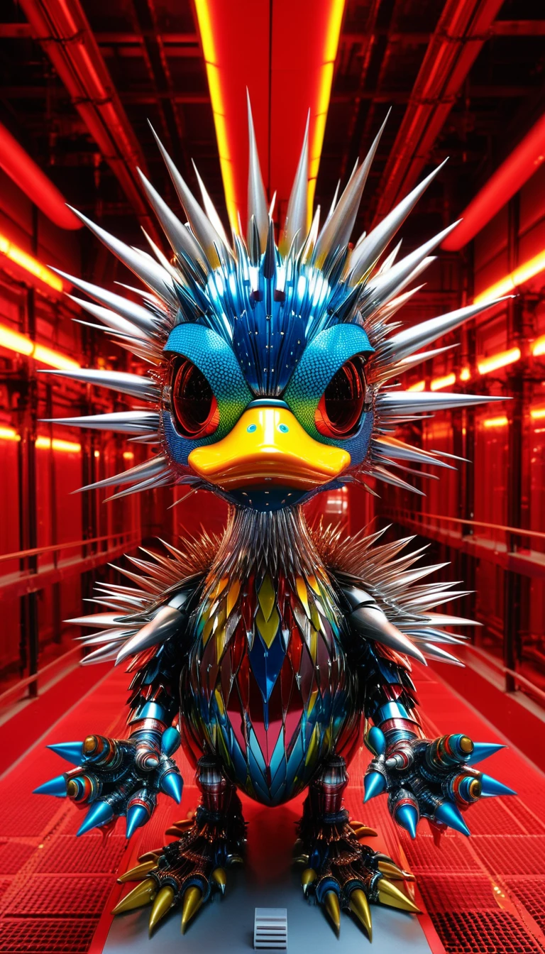 There is no one, Reality Photos, Reality Photos, Realistic photos of duck-like creatures, spikes, multi-colored shiny fur, strange and, Surreal and, the other world, A robotic factory with a shiny assembly plant, intricate details, very sharp, Sophisticated details, Flawless composition, vivid colors, masterpiece, futuristic, metal decoration, shiny red interior, It's empty inside, polished, ray tracing