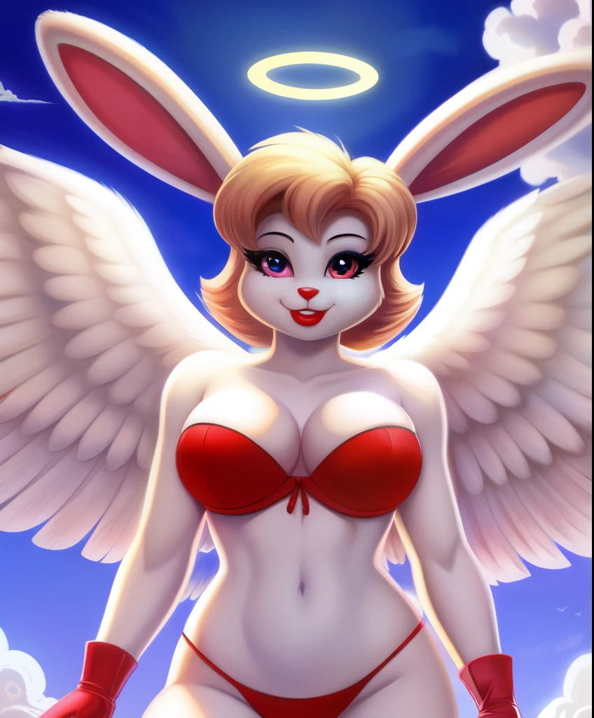 A female guardian angel rabbit, halo, white soft feathered long wings, rabbit ears, red lipstick, heart shaped strapless bra, , white long gloves, 1980’s cartoon style, looking at you, hugging your POV, Heaven clouds in the background