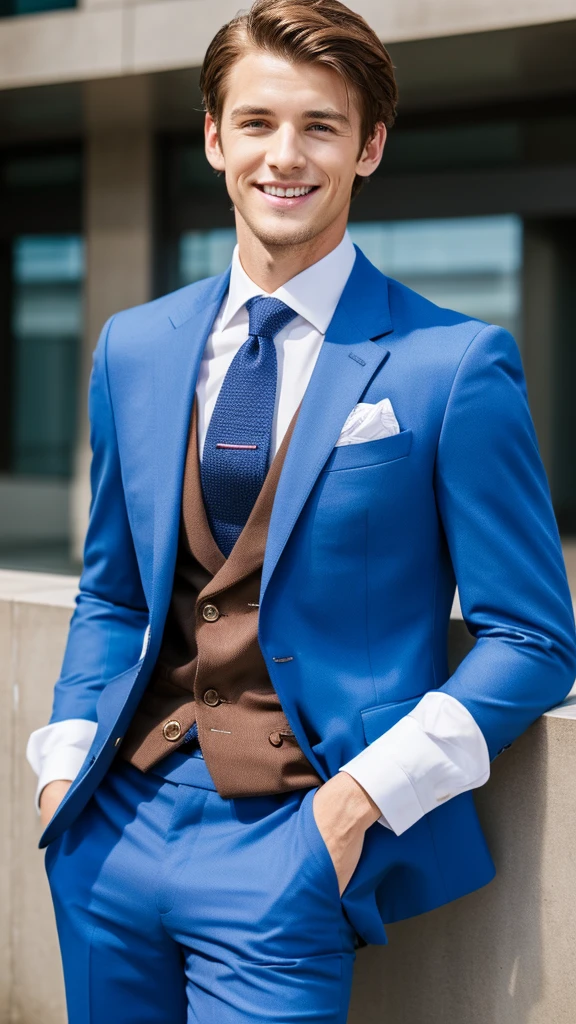 Highest quality, masterpiece, Ultra-high resolution, (Realistic:1.4), RAW Photos, Handsome young man in a blue suit, Brown Hair, Modern Office, smile,