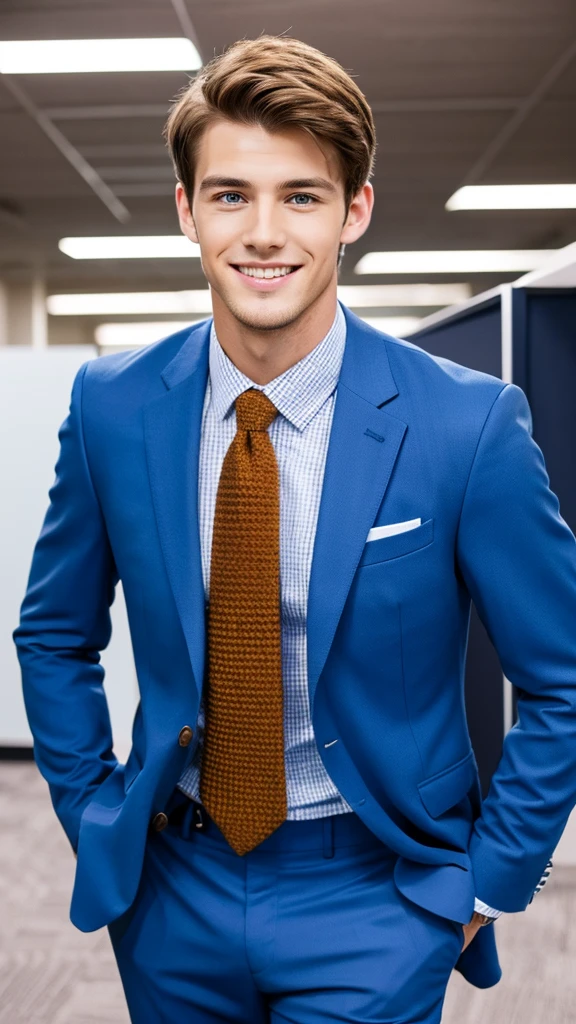 Highest quality, masterpiece, Ultra-high resolution, (Realistic:1.4), RAW Photos, Handsome young man in a blue suit, Brown Hair, Modern Office, smile, 