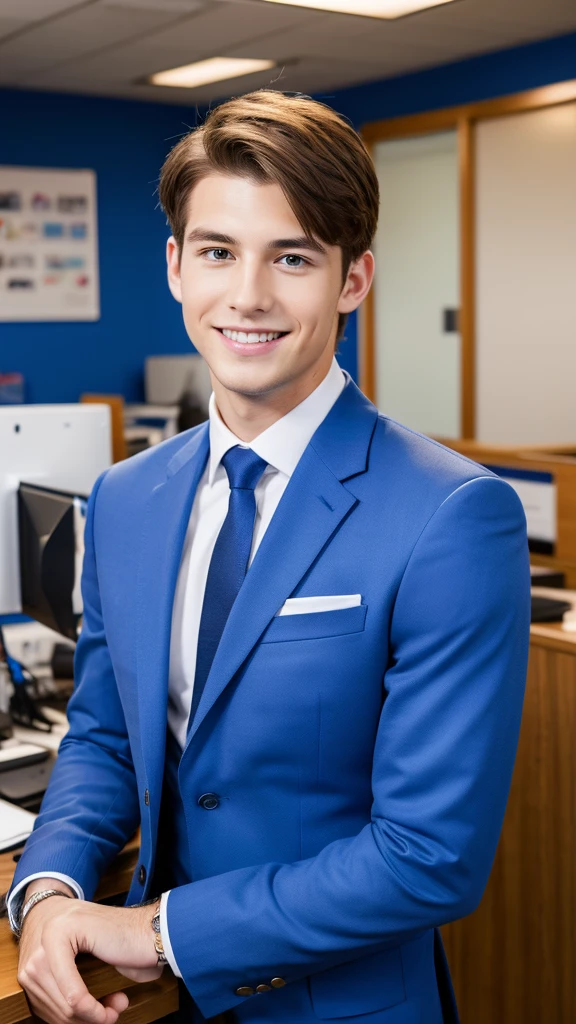 Highest quality, masterpiece, Ultra-high resolution, (Realistic:1.4), RAW Photos, Handsome young man in a blue suit, Brown Hair, Modern Office, smile,