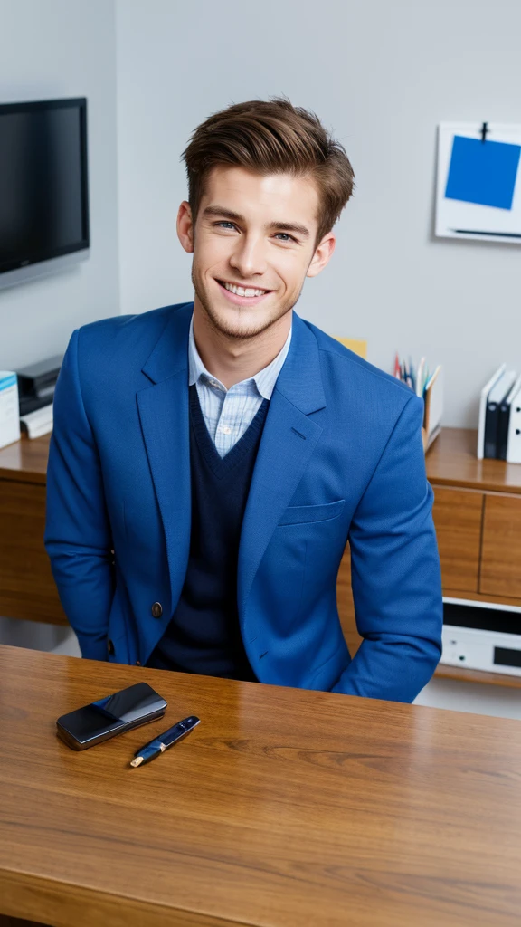 Highest quality, masterpiece, Ultra-high resolution, (Realistic:1.4), RAW Photos, Handsome young man in a blue suit, Brown Hair, Modern Office, smile,