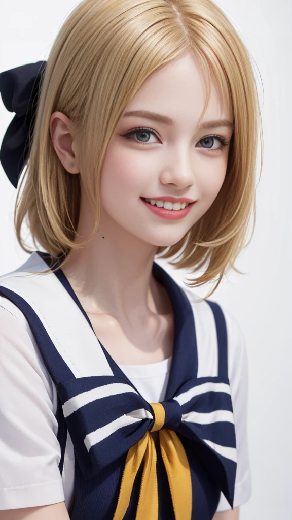 (Highest quality、8K、32k、masterpiece)、(Realistic)、(Realistic:1.2)、(High resolution)、Very detailed、Very beautiful face and eyes、1 Girl、Round and small face、Tight waist、Delicate body、(close、Highest quality、Attention to detail、Rich skin detail)、(Highest quality、8K、Oil paint:1.2)、Very detailed、(Realistic、Realistic:1.37)、Bright colors、(((blonde)))、(((Bust Shot)))、(((Medium Hair)))、(((White wall background)))、(((White wall background)))、(((Sailor suit、Short sleeve)))、(((He has a happy look)))、(((smile)))、(((Look straight ahead)))、(((Blonde)))、(((Teeth are visible)))、