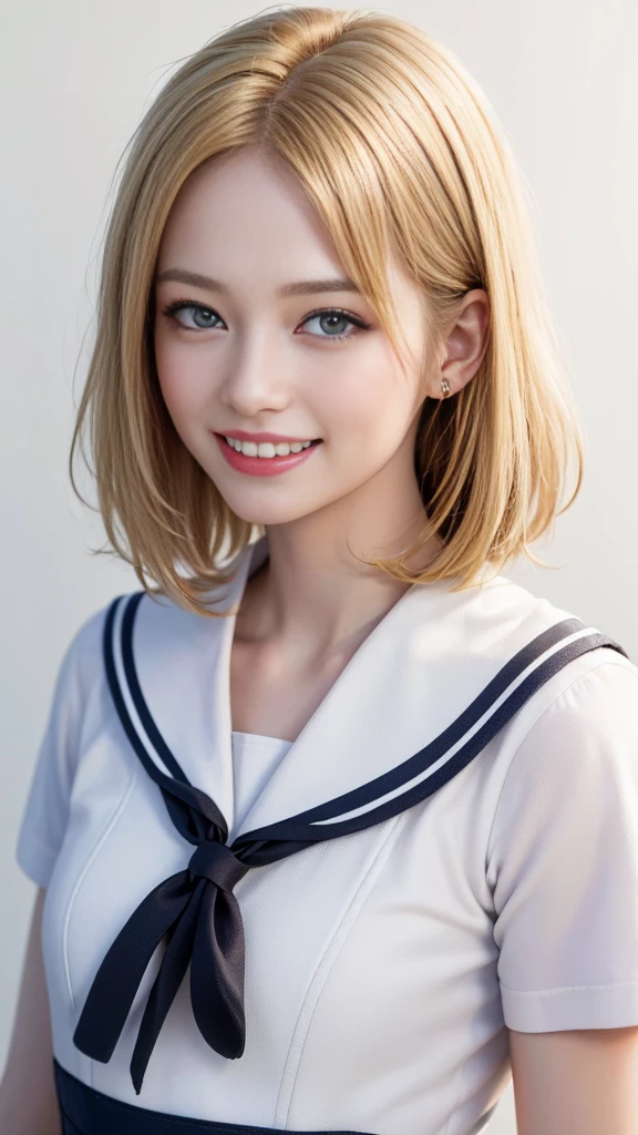(Highest quality、8K、32k、masterpiece)、(Realistic)、(Realistic:1.2)、(High resolution)、Very detailed、Very beautiful face and eyes、1 Girl、Round and small face、Tight waist、Delicate body、(close、Highest quality、Attention to detail、Rich skin detail)、(Highest quality、8K、Oil paint:1.2)、Very detailed、(Realistic、Realistic:1.37)、Bright colors、(((blonde)))、(((Bust Shot)))、(((Medium Hair)))、(((White wall background)))、(((White wall background)))、(((Sailor suit、Short sleeve)))、(((He has a happy look)))、(((smile)))、(((Look straight ahead)))、(((Blonde)))、(((Teeth are visible)))、
