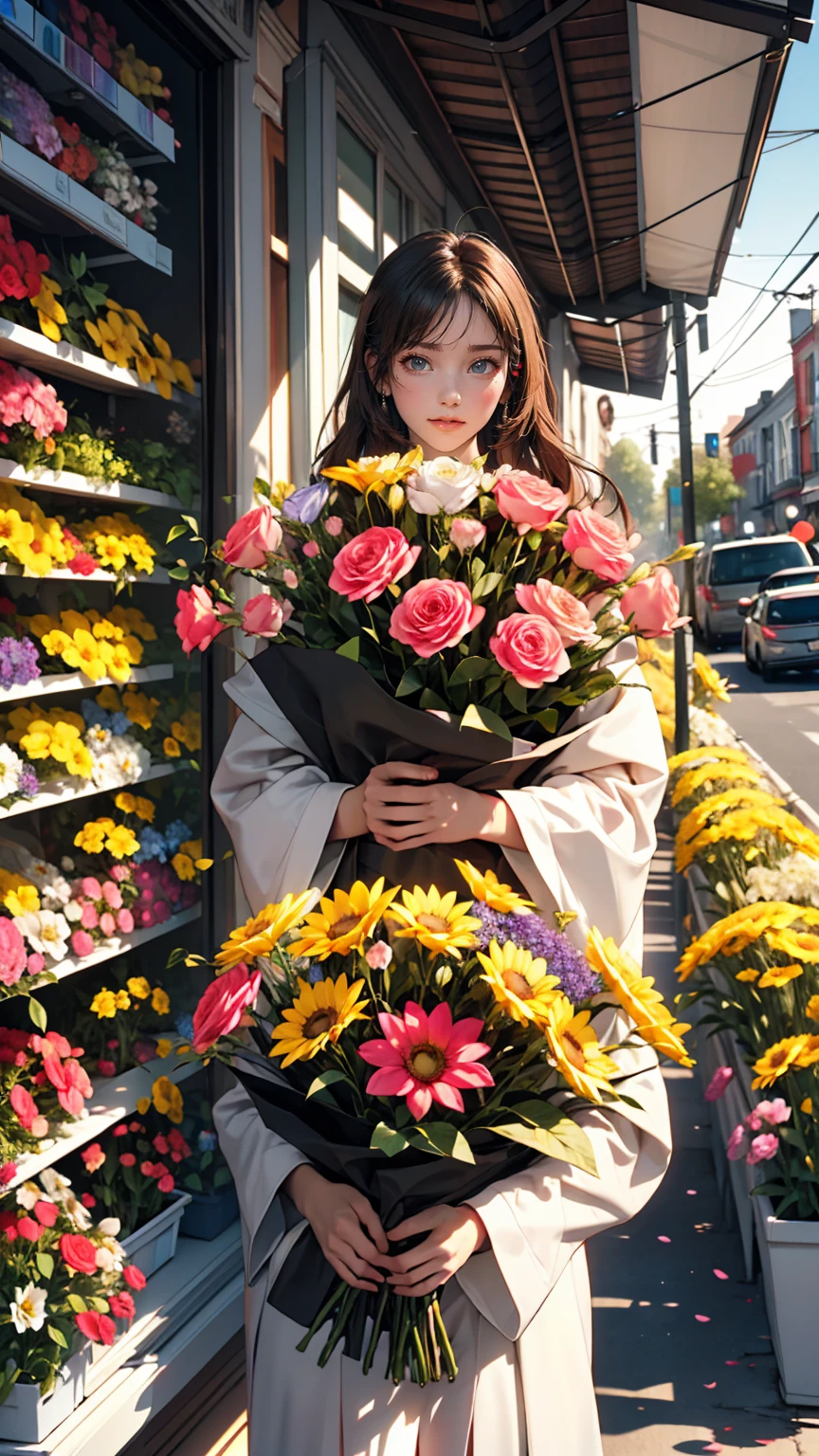 I was looking at the various flowers lined up in front of the flower shop.、Everyone has their own preferences, but they're all beautiful、24 year old Caucasian female、Sexy proportions、Sexy、