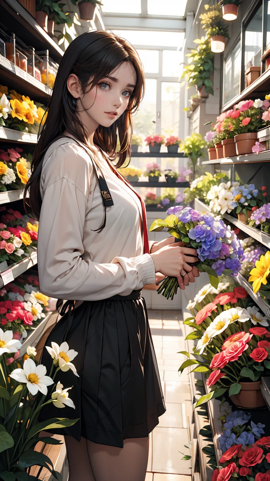 I was looking at the various flowers lined up in front of the flower shop.、Everyone has their own preferences, but they&#39;re all beautiful、24 year old Caucasian female、Sexy proportions、Sexy、