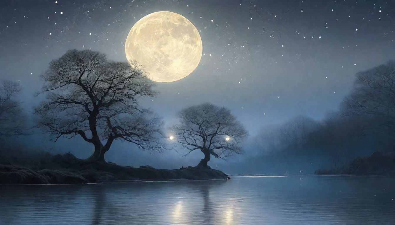 A hauntingly beautiful night scene. A bare tree stands alone in the middle of a large, serene lake, its gnarled branches reaching towards the sky. The tree is illuminated by the soft, silver light of the full moon, which reflects off the calm surface of the water, creating a mirror-like effect. The night sky is clear, filled with twinkling stars that add to the mystical ambiance. The tree's reflection in the lake adds depth to the scene, while gentle ripples on the water's surface create a sense of movement. Surrounding the lake are dark, shadowy outlines of distant hills and forests, contributing to the tranquil and enigmatic atmosphere. The entire scene captures the quiet beauty and mystery of nature under the moonlight