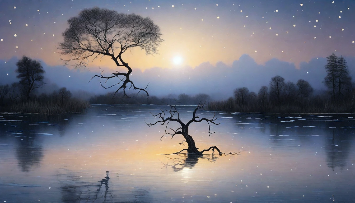 A hauntingly beautiful night scene. A bare tree stands alone in the middle of a large, serene lake, its gnarled branches reaching towards the sky. The tree is illuminated by the soft, silver light of the full moon, which reflects off the calm surface of the water, creating a mirror-like effect. The night sky is clear, filled with twinkling stars that add to the mystical ambiance. The tree's reflection in the lake adds depth to the scene, while gentle ripples on the water's surface create a sense of movement. Surrounding the lake are dark, shadowy outlines of distant hills and forests, contributing to the tranquil and enigmatic atmosphere. The entire scene captures the quiet beauty and mystery of nature under the moonlight